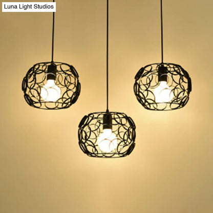 Retro Drum Shade Pendant Lamp with Metal Suspension and Wire Frame in Black - 3 Bulbs, Circles Design