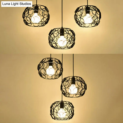 Retro Drum Shade Pendant Lamp with Metal Suspension and Wire Frame in Black - 3 Bulbs, Circles Design