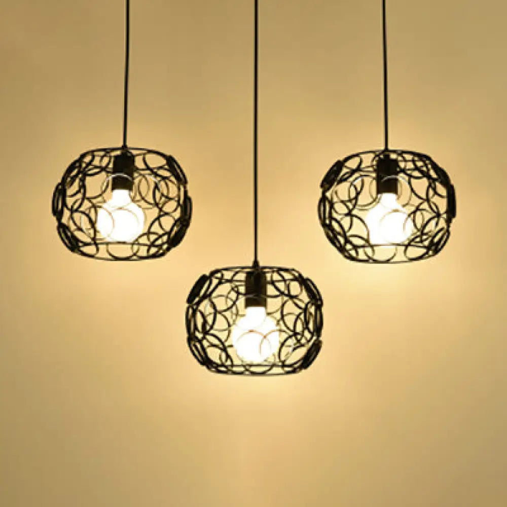 Retro Drum Shade Pendant Lamp with Metal Suspension and Wire Frame in Black - 3 Bulbs, Circles Design