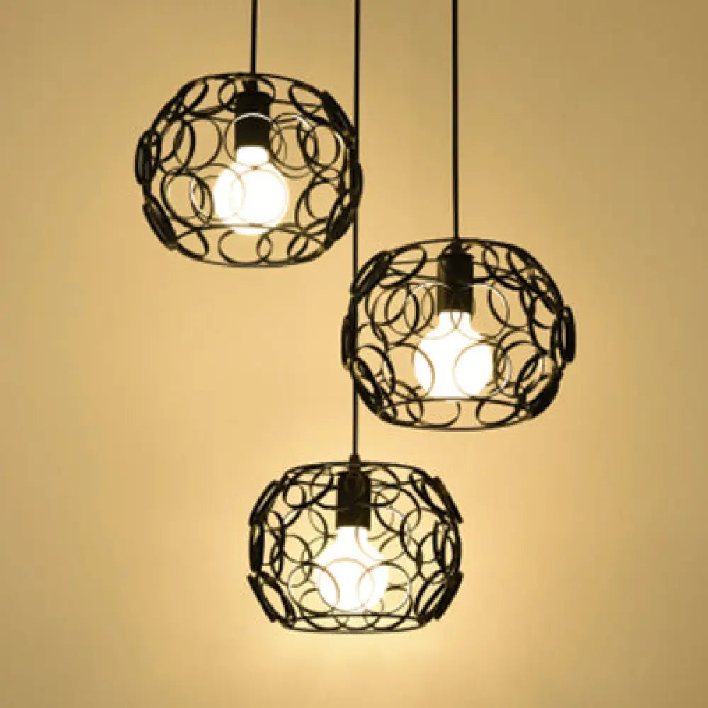 Retro Drum Shade Pendant Lamp with Metal Suspension and Wire Frame in Black - 3 Bulbs, Circles Design