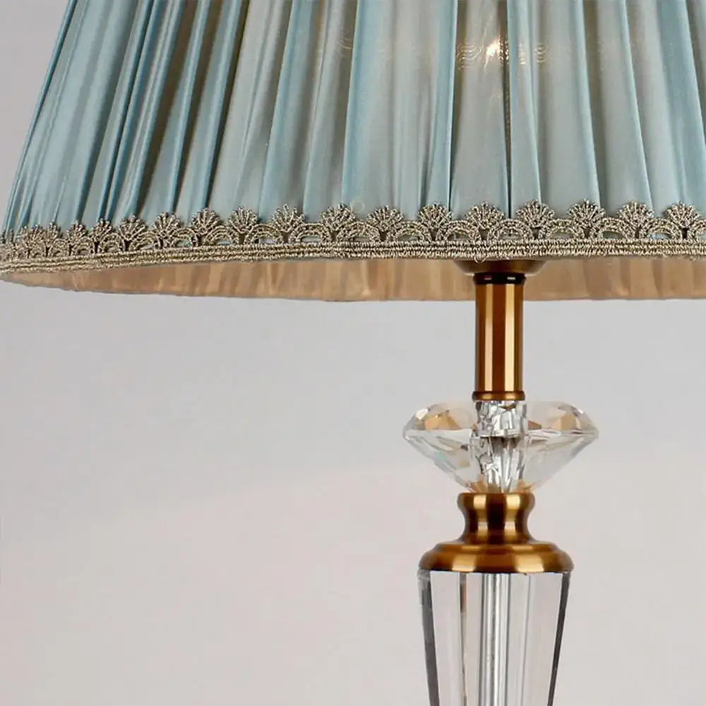 Elegant light blue pleated lampshade with gold lace trim and crystal base on retro emerald green decorbites crystal floor lamp