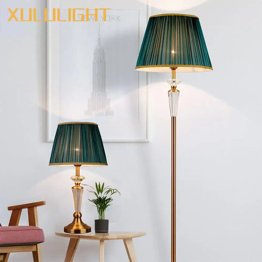 Retro emerald green pleated fabric floor lamp with gold trim crystal floor lamp on brass base for bedroom decorbites decor