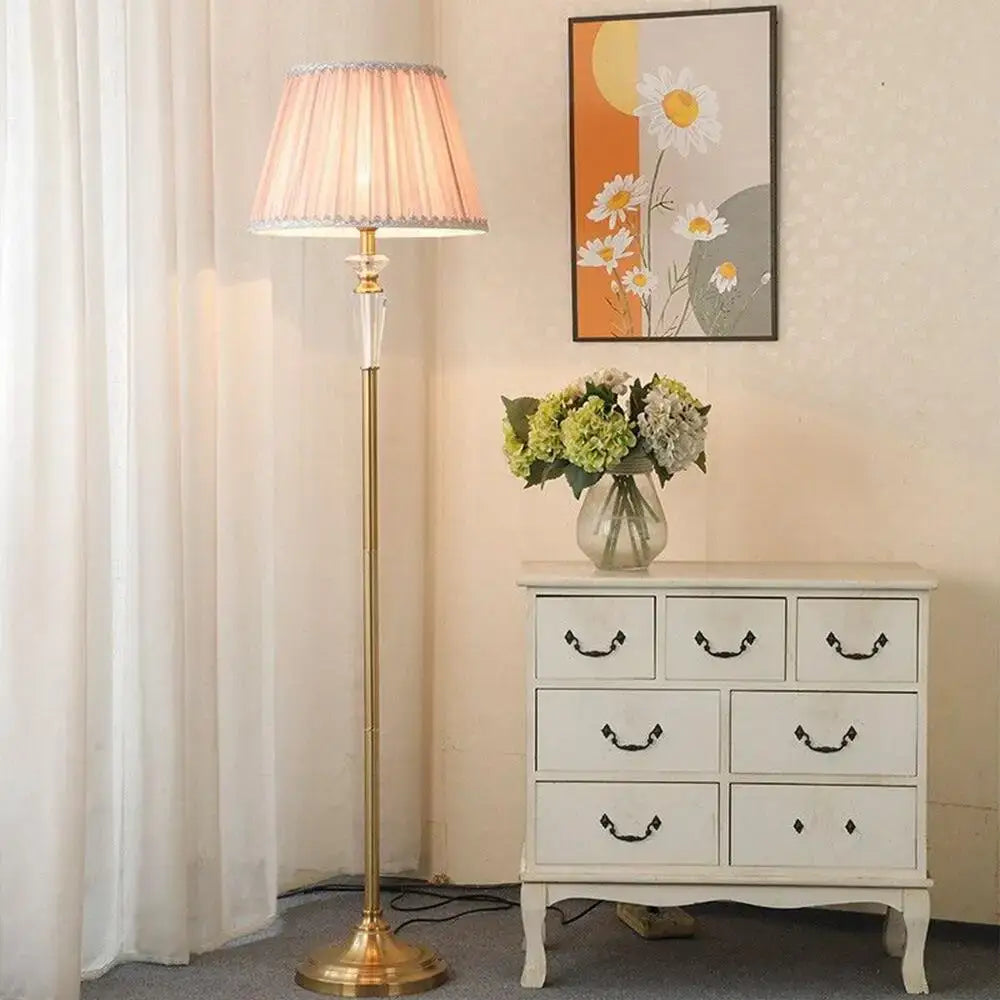 A floor lamp with gold metal base and pleated pink shade ideal for retro emerald green and gold crystal floor lamp decorbites crystal floor