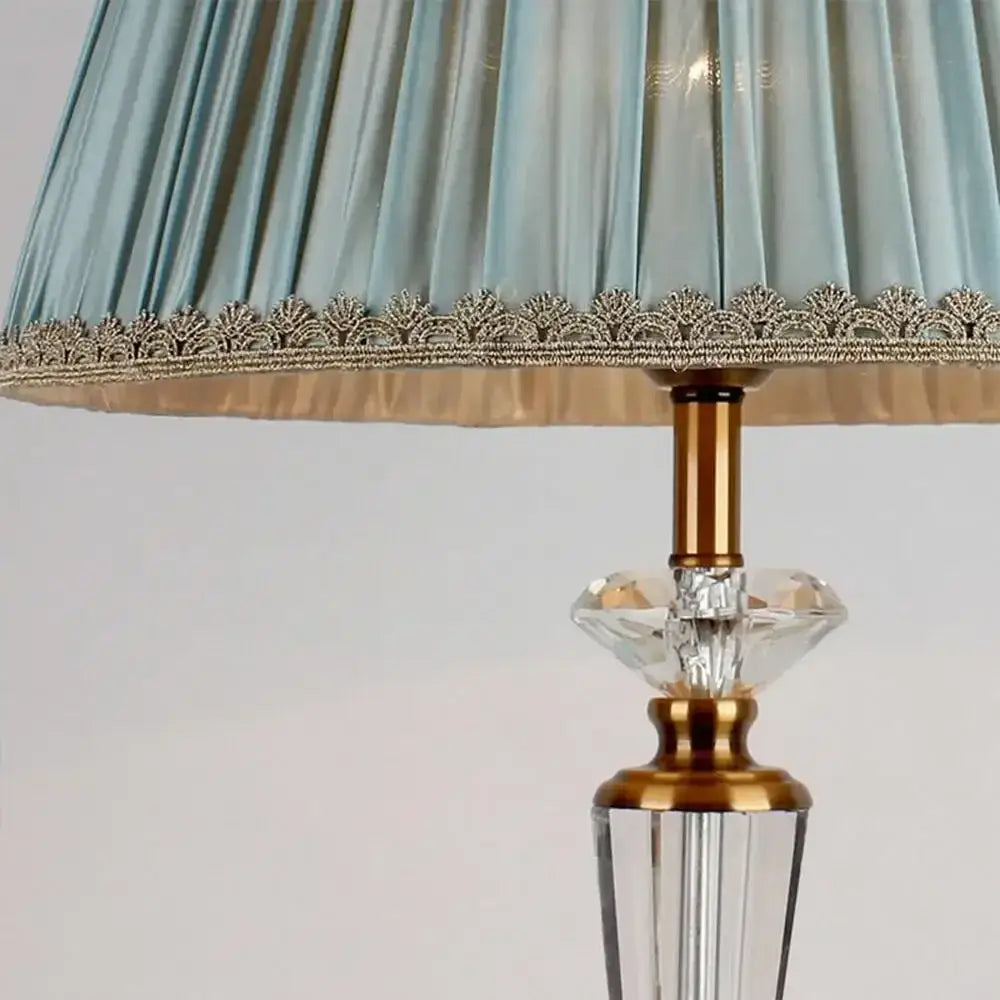 Retro emerald green crystal floor lamp with a light blue pleated shade and ornate gold lace trim for decorbites crystal floor lighting