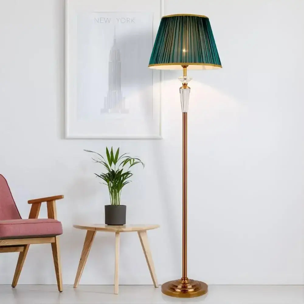 Elegant retro emerald green crystal floor lamp with deep pleated shade and gold-toned metal base for living room decorbites crystal floor use