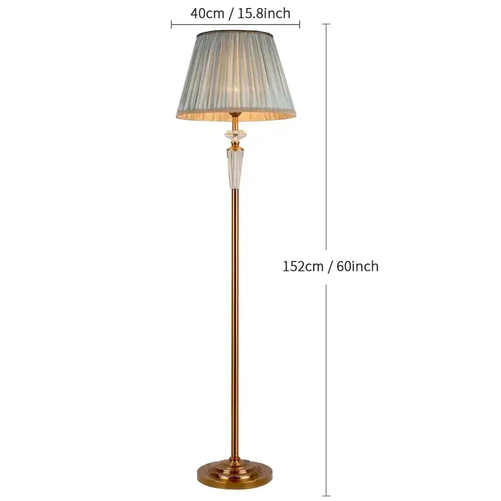 Retro emerald green crystal floor lamp with brass base and gray pleated shade for elegant living room decorbites crystal floor