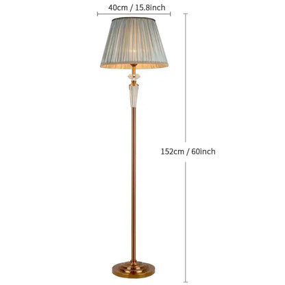 Retro emerald green crystal floor lamp with brass base and gray pleated shade for elegant living room decorbites crystal floor