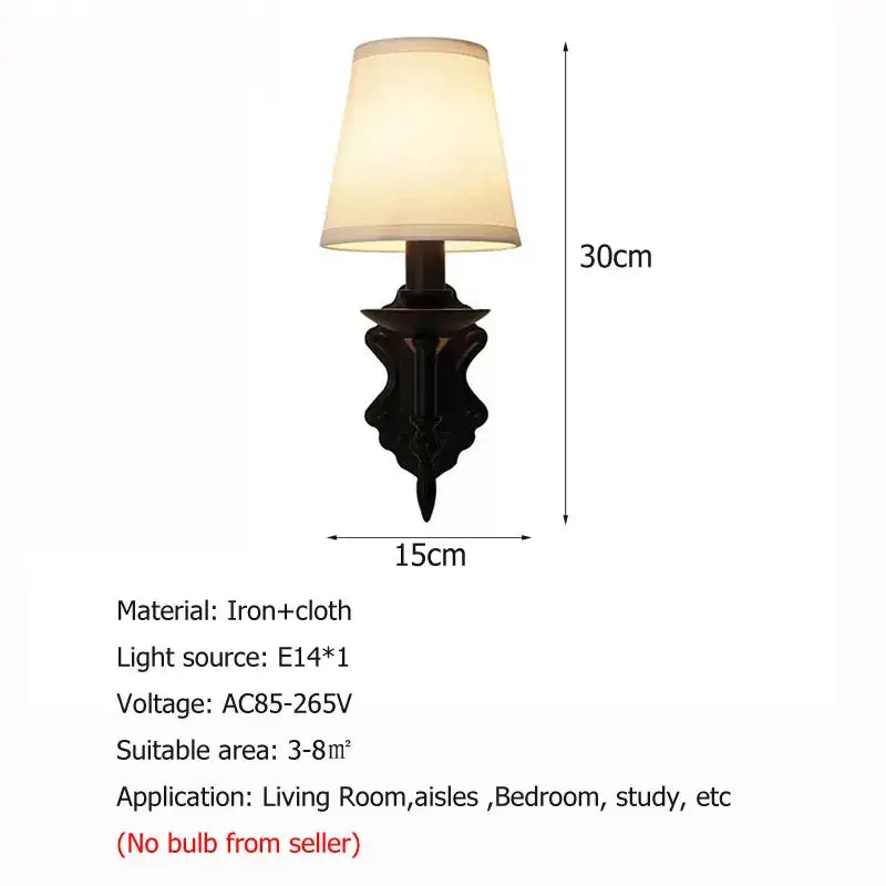 Black iron wall lamp with cream fabric lampshade retro european bronze decorbites iron wall sconce for bedroom