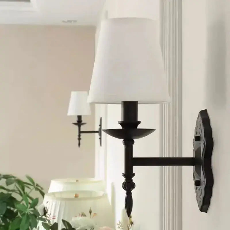 Black wrought iron wall lamp with white fabric shade retro European bronze iron wall lamp for bedroom decorbites iron wall