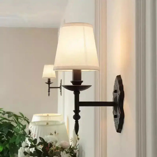 Dark bronze-finished retro european iron wall lamp with cream fabric shade for bedroom decorbites iron wall lamp