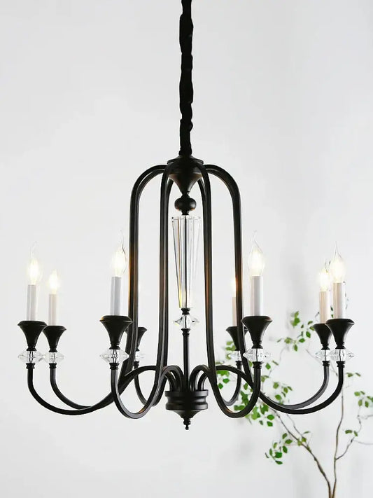 Black wrought iron vintage candle chandelier with crystal accents and candle-style bulbs for dining room decorbites iron vintage