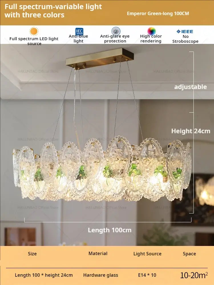 Retro French floral glass dining room chandelier with green glass panels and brass finish for decorbites glass dining