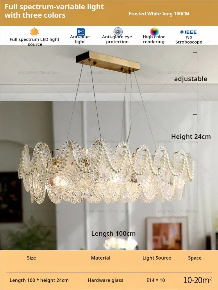 A 100cm frosted white retro french floral glass dining room chandelier with intricate hardware and pearl embellishments