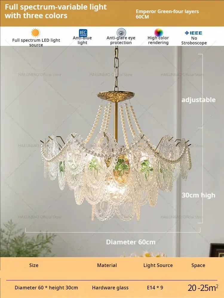 Elegant gold and green retro french floral glass dining room chandelier with layered shades and lace-like cutouts for glass dining decorbites