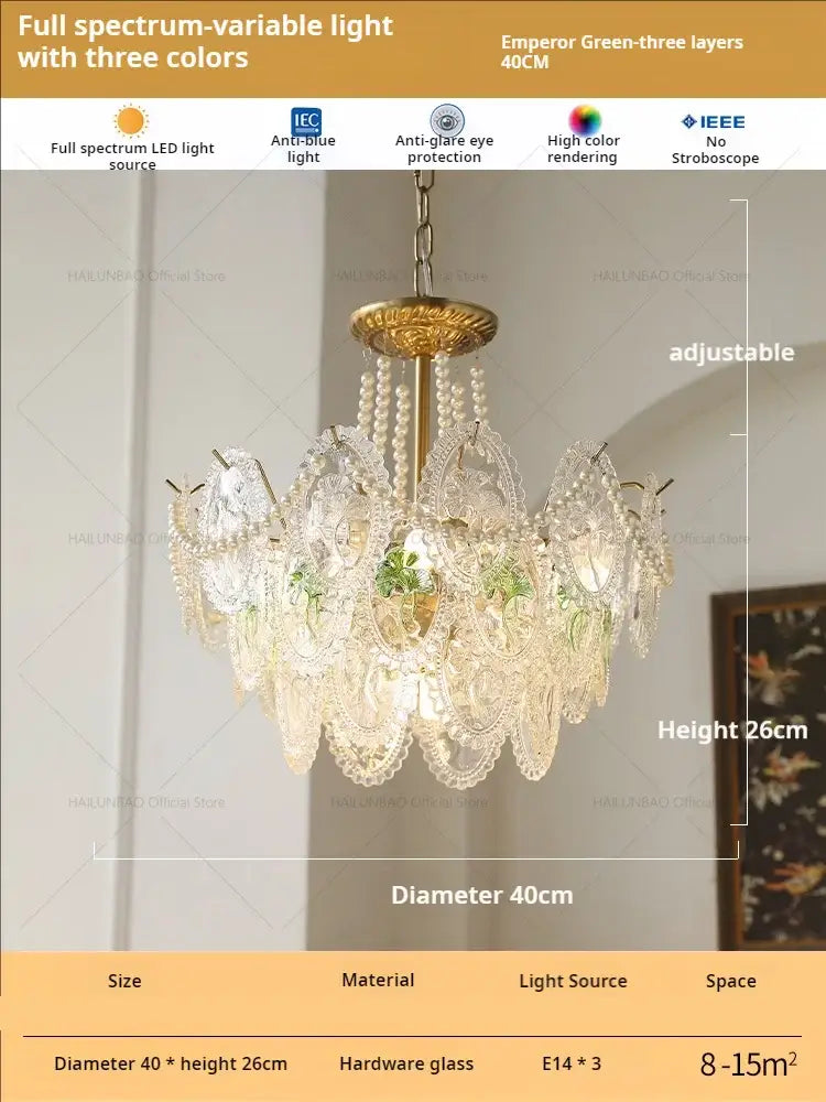 Retro french floral glass dining room chandelier in gold and green with delicate multi-tiered glass and pearl decorbites glass dining