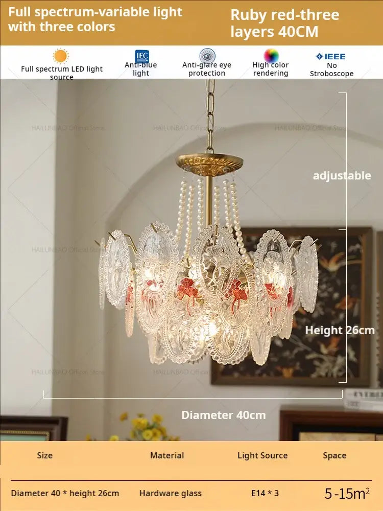 Retro french floral glass dining room chandelier with brass finish and three-color led lights for decorbites glass dining