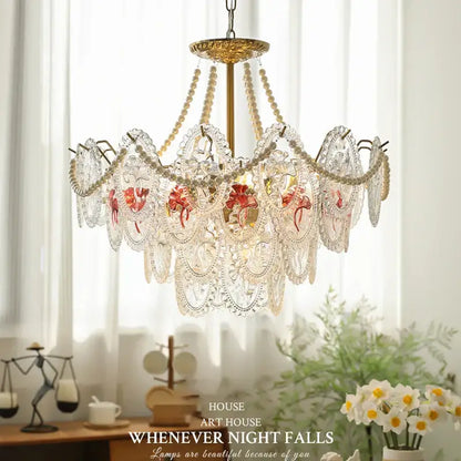 Retro french floral glass dining room chandelier with clear lace-like panels red floral designs and cream pearls decorbites glass dining