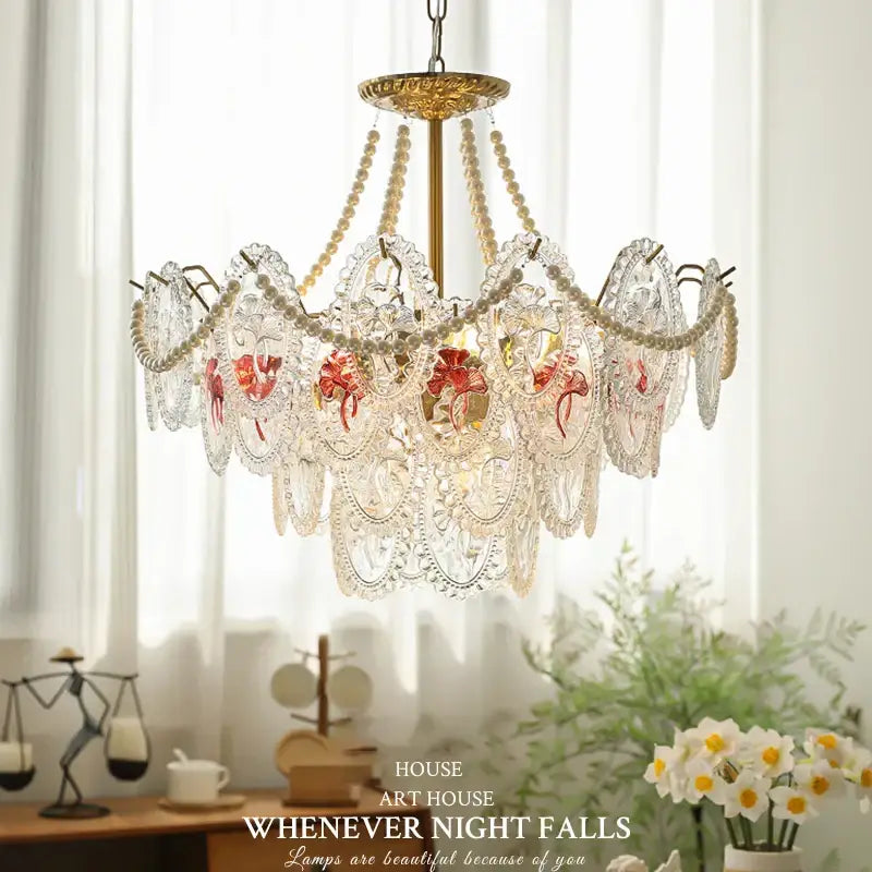 Retro french floral glass dining room chandelier with clear lace-like panels red floral designs and cream pearls decorbites glass dining