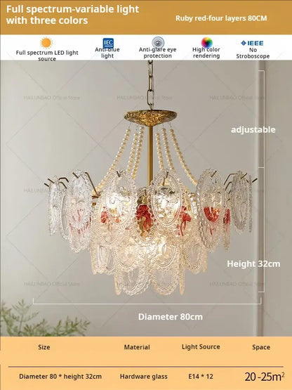 Retro French floral glass dining room chandelier with brass finish, red floral glass panels, and crystal beads decorbites glass dining
