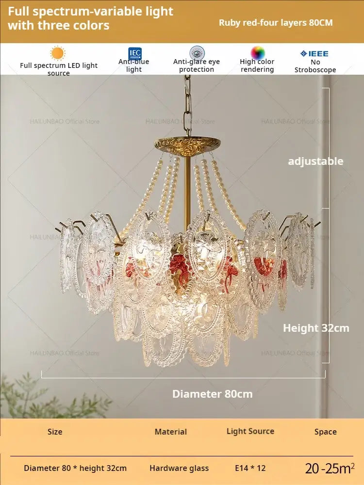 Retro French floral glass dining room chandelier with brass finish, red floral glass panels, and crystal beads decorbites glass dining