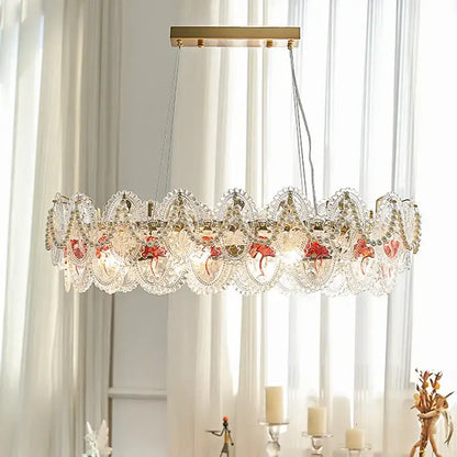 Elegant oval retro french floral glass dining room chandelier with gold and green crystal lace detailing for decorbites glass dining