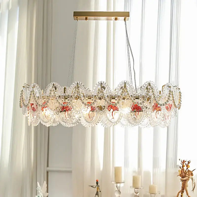 Elegant oval retro french floral glass dining room chandelier with gold and green crystal lace detailing for decorbites glass dining