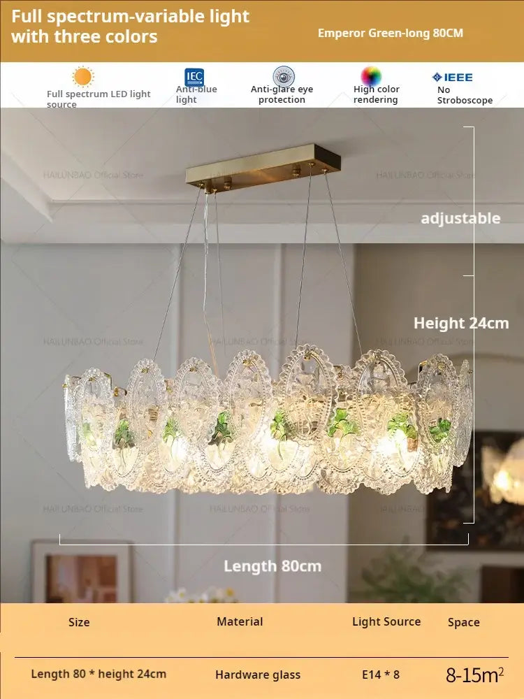 Retro french floral glass dining room chandelier with scalloped glass shades and brass finish for glass dining decorbites