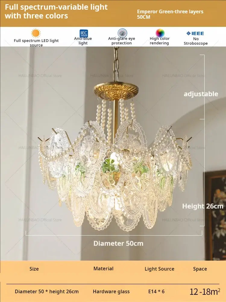 Retro french floral glass dining room chandelier with golden brass frame and green lace patterned glass shades for decorbites glass dining