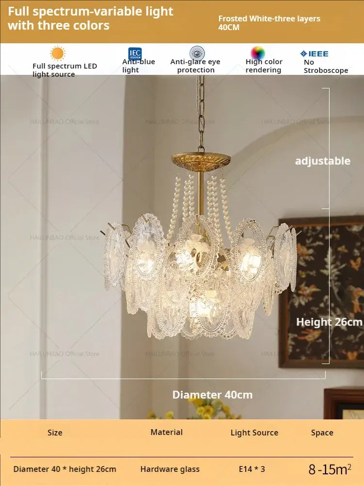 Elegant gold-toned retro french floral glass dining room chandelier with intricate crystal lace shades and frosted glass layers