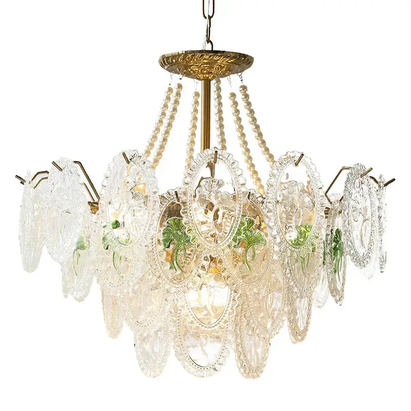 Elegant retro french floral glass dining room chandelier with gold metal accents and green hand-painted motifs for decorbites glass dining