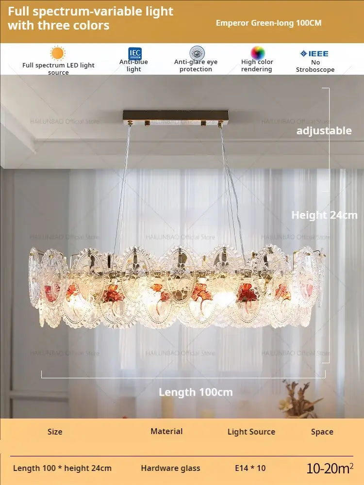 A retro french floral glass dining room chandelier with gold and green glass panels and warm decorbites glass dining lighting