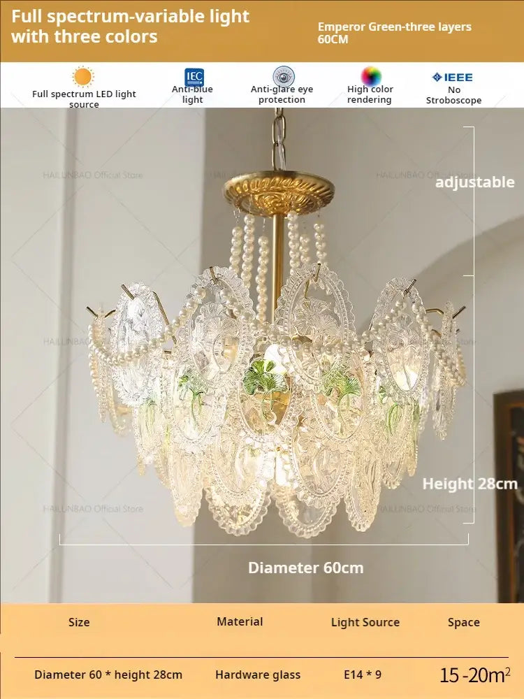 Retro French floral glass dining room chandelier with gold and green intricate hardware and pearl beads for decorbites glass dining