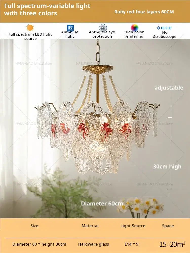 Retro French floral glass dining room chandelier with brass frame red goldfish motifs and crystal beads for glass dining room decorbites
