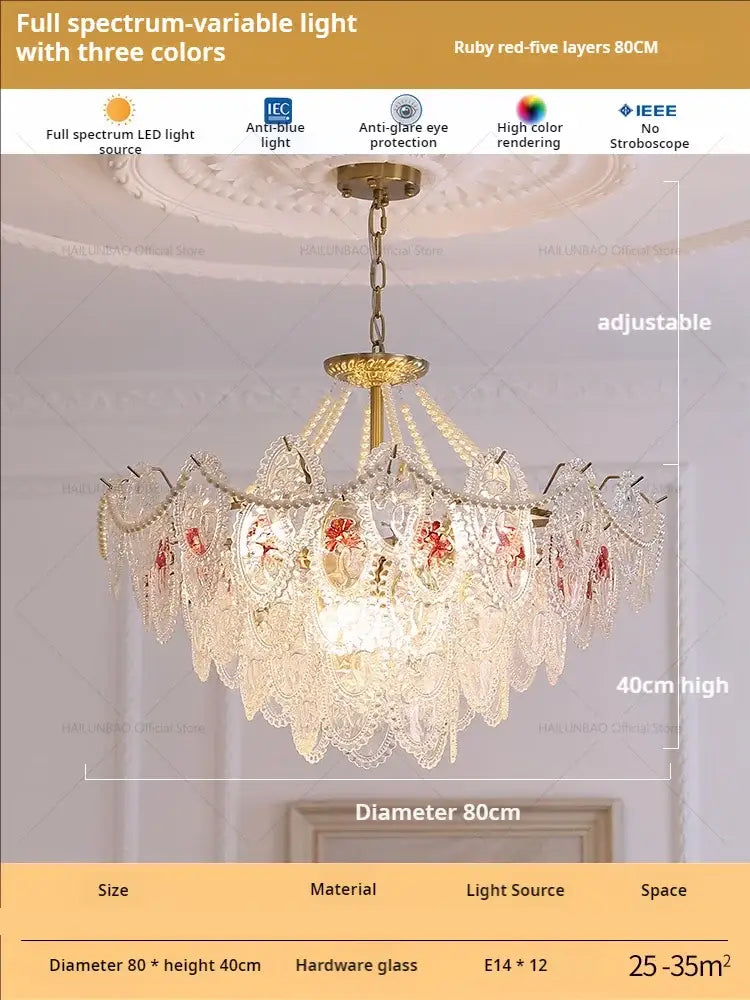 Luxurious retro french floral glass dining room chandelier gold and green with intricate lace-like panels and led light source