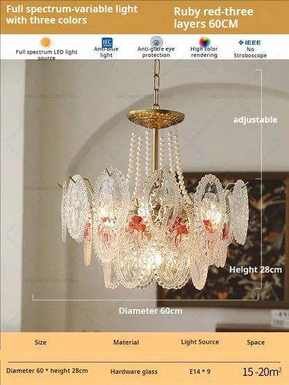 Elegant retro french floral glass dining room chandelier with gold hardware, ruby-red motifs, and three-color led lighting for decorbites glass dining