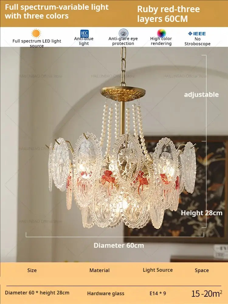 Elegant retro french floral glass dining room chandelier with gold hardware, ruby-red motifs, and three-color led lighting for decorbites glass dining