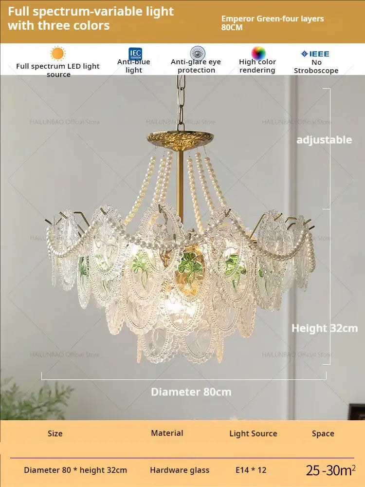 Retro French floral glass dining room chandelier with gold metal frame and green-tinted glass decorbites glass dining