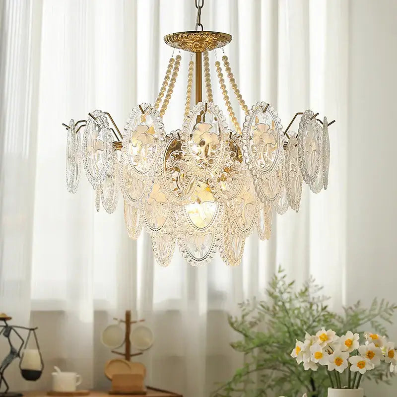 Retro french floral glass dining room chandelier gold-toned with intricate crystal lace shades and pearl beads for decorbites glass dining