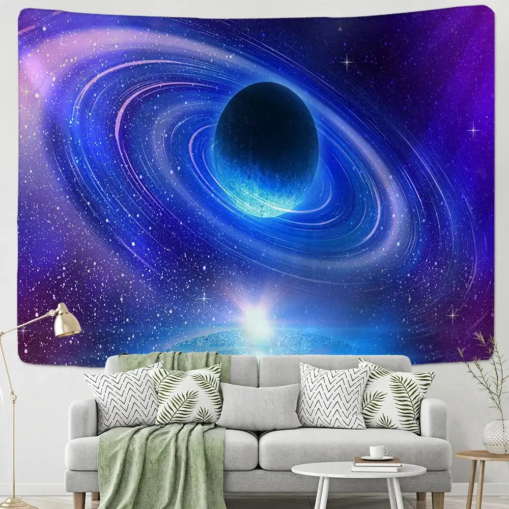 Retro galaxy sky blue planet tapestry featuring a vibrant deep blue and purple nebula with swirling rings for bedroom decorbites galaxy sky