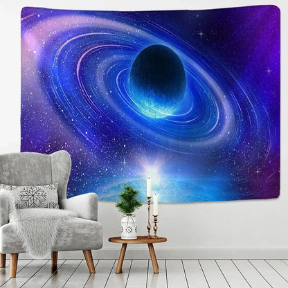 Retro galaxy sky blue planet tapestry with vibrant cosmic decorbites galaxy sky design for bedroom wall decor
