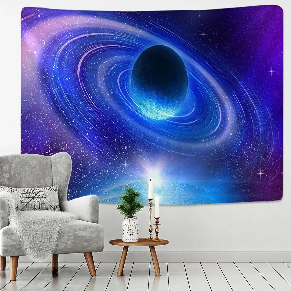 Retro galaxy sky blue planet tapestry with vibrant cosmic decorbites galaxy sky design for bedroom wall decor