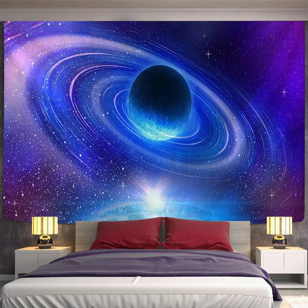 Vibrant retro galaxy sky blue planet tapestry featuring a deep blue nebula and swirling rings for cosmic wall decorbites decor