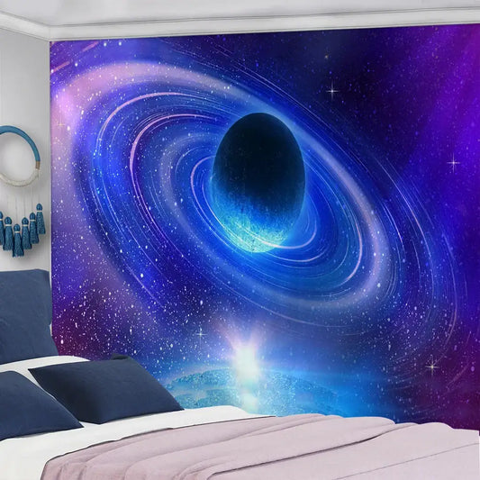 Vibrant retro galaxy sky blue planet tapestry featuring a deep nebula and swirling rings for bedroom decorbites galaxy sky decor