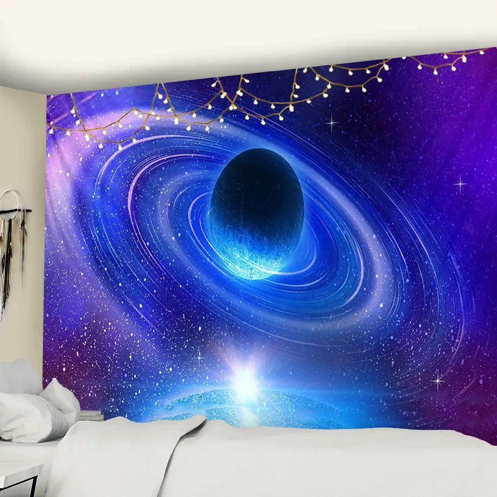 Vibrant retro galaxy sky blue planet tapestry featuring glowing rings and starfields for cosmic bedroom decorbites galaxy sky decor
