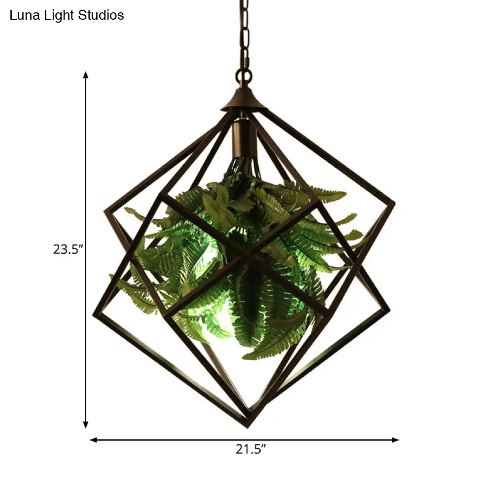 Retro Geometric Ceiling Light with Plant, LED Bulb, and Black Finish - 18"/21.5" Wide