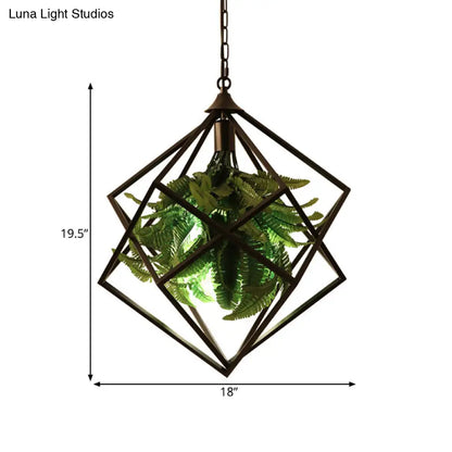 Retro Geometric Ceiling Light with Plant, LED Bulb, and Black Finish - 18"/21.5" Wide