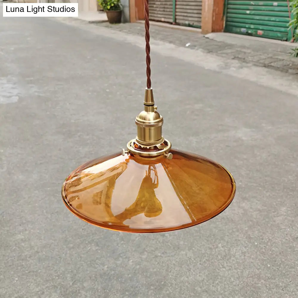 Retro Glass Shade Pendant Light Fixture for Living Room - Brown Pan Pendant with 1 Light