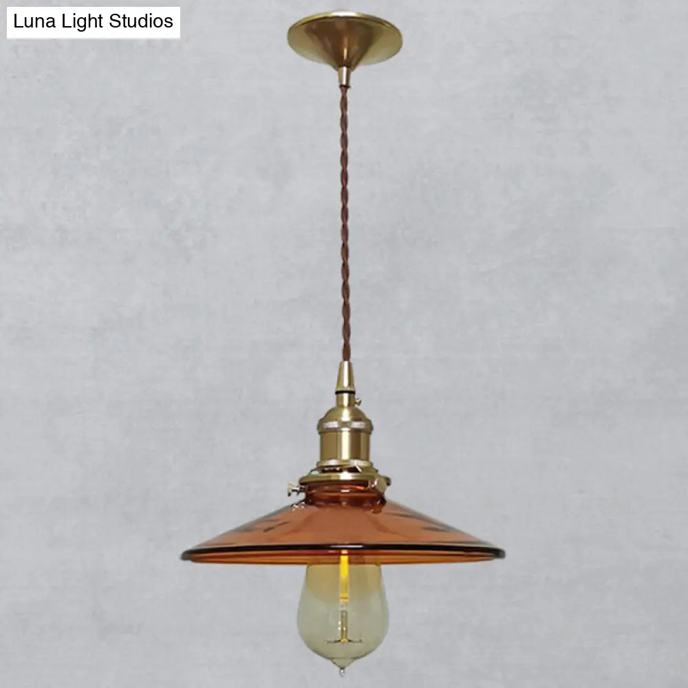 Retro Glass Shade Pendant Light Fixture for Living Room - Brown Pan Pendant with 1 Light