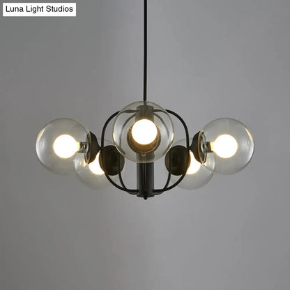 Retro Glass Sphere Chandelier with 5 Light Heads and Cage Arm for Living Room Ceiling - Clear/Light-Tan