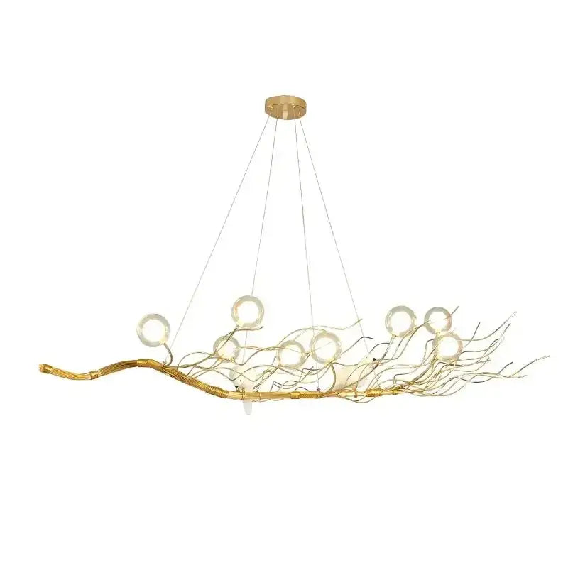 Golden bird nest led chandelier with delicate wire branches and circular glass orbs for dining room decorbites bird nest